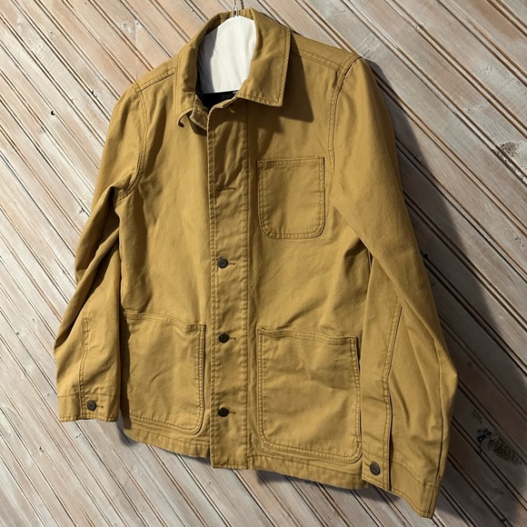 Old Navy Tan Khaki Navy Blue Plaid Lined Utility Jacket Button Up Warm Collar - Picture 2 of 10